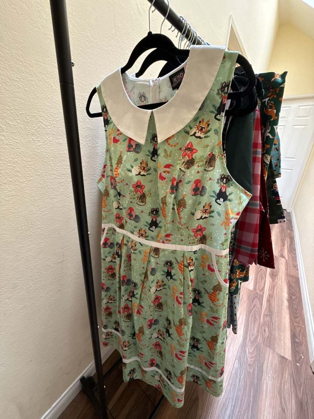 Retrospekt Retrolicious Christmas Cats Collared Dress Size 1X Mint Green